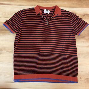 TOPMAN Polo Sweater Mens Large 1/4 Zip Black Brown Striped Cotton Knit Short Sle